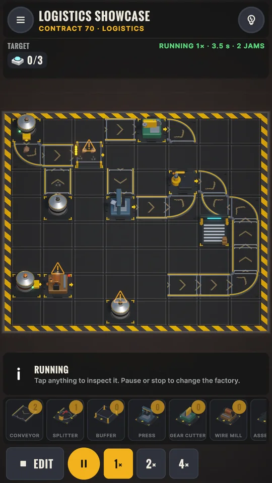 Contract 70 Logistics Showcase running, with jam warnings on two machines.